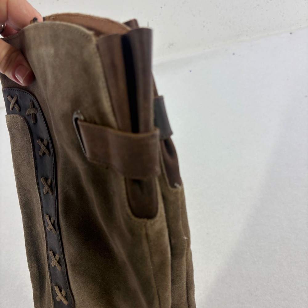 Born Aldi Tall Suede Riding Boots Womens 8 Brown Cross Stitch Katniss Huntress - Picture 7 of 10